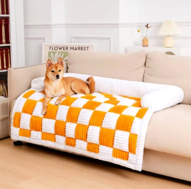 Plush Cream Square Plaid Cozy Dog Mat Furniture Protector Cover