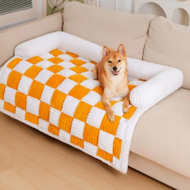 Plush Cream Square Plaid Cozy Dog Mat Furniture Protector Cover