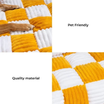 Plush Cream Square Plaid Cozy Dog Mat Furniture Protector Cover