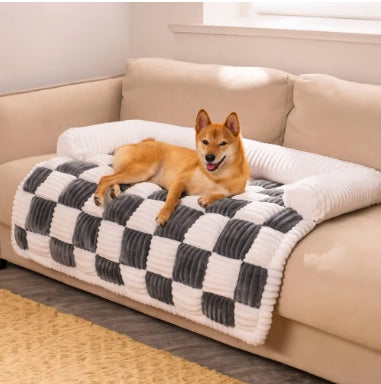 Plush Cream Square Plaid Cozy Dog Mat Furniture Protector Cover